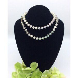 Vintage Clear Resin Aurora Borealis Beaded Necklace With Gold Tone Clasp